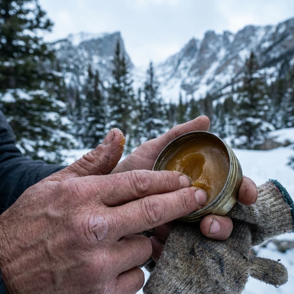 Hands applying salve in the mountains